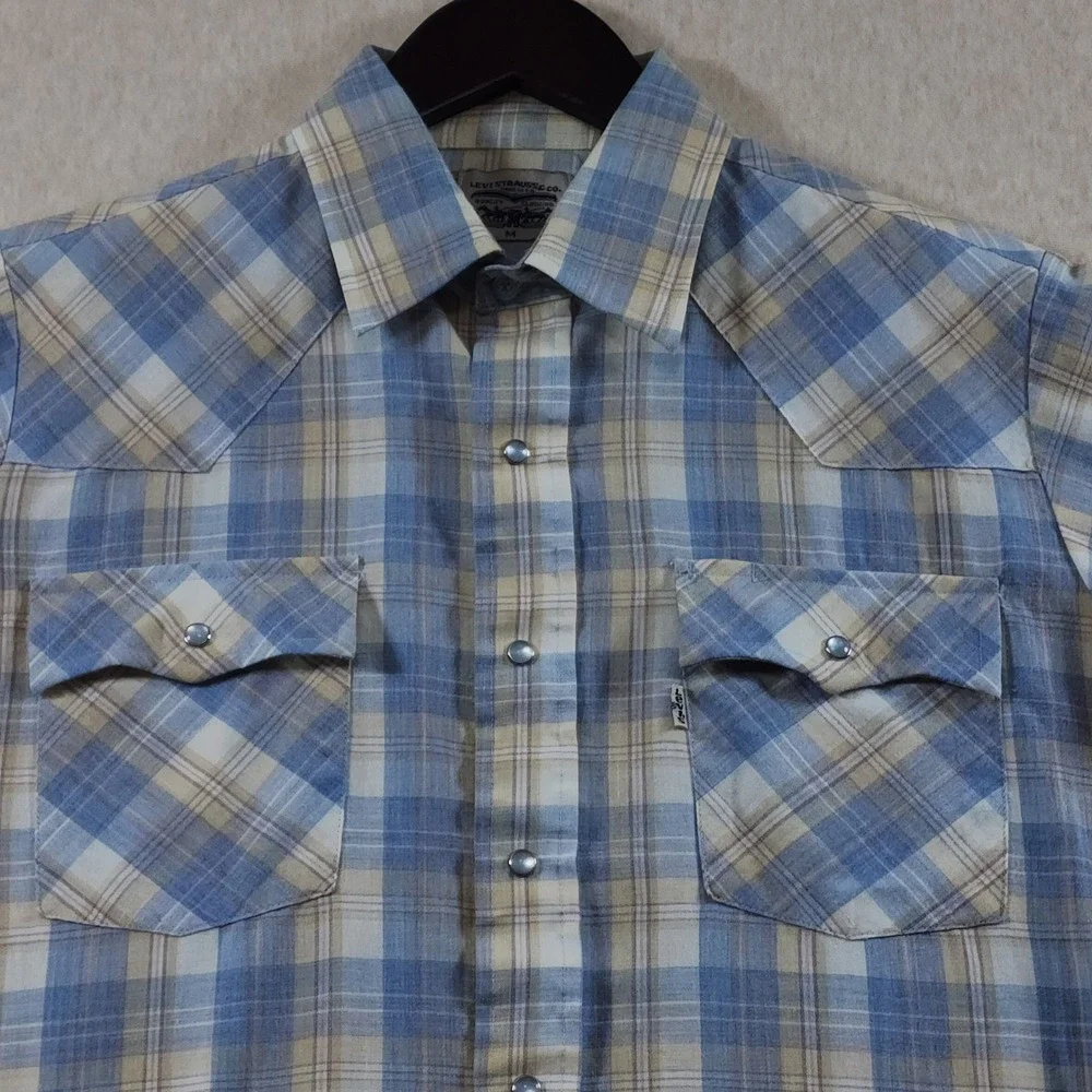 Vintage Levis Pearl Snap Shirt Mens Medium Short Sleeve Plaid Western Blue Y2K